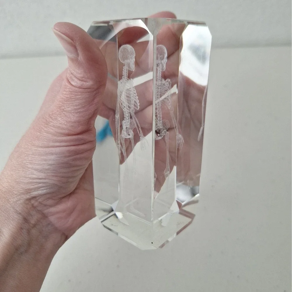 Crystal Paperweight Holographic Skeleton 3D Laser Etched Halloween Vintage 4.75